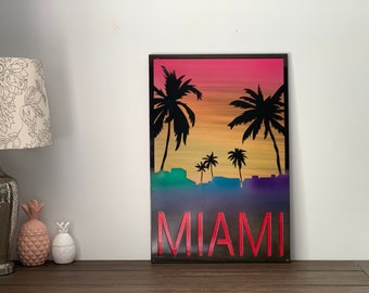 Arte de pared de metal de escena de Miami, doble capa / puesta de sol multicolor con palmeras / vibraciones de Miami / regalo de bienvenida / casa de playa en condominio