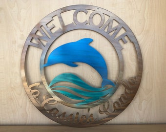 Personalized Dolphin Metal Sign - Customizable Weatherproof Door Hanger or Wall Art Powder Coat | Beach House Decor