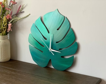 Monstera Metal Leaf Clock - 14" | Powder Coated | Handmade Home Decor | Tropical Leaf