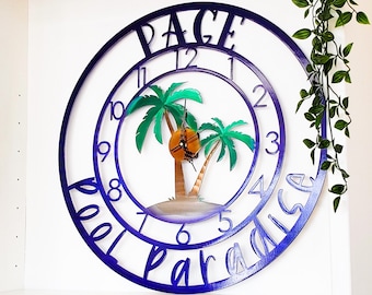 Personalized Palm Tree Clock, Powder Coated | Pool House Decor | Indoor Outdoor Beach Decor | Tropical Palm Trees