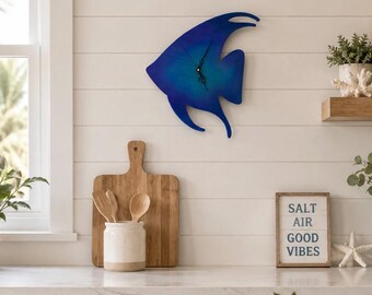 Angel Fish Metal Wall Clock: Tropical Handmade Kitchen Decor