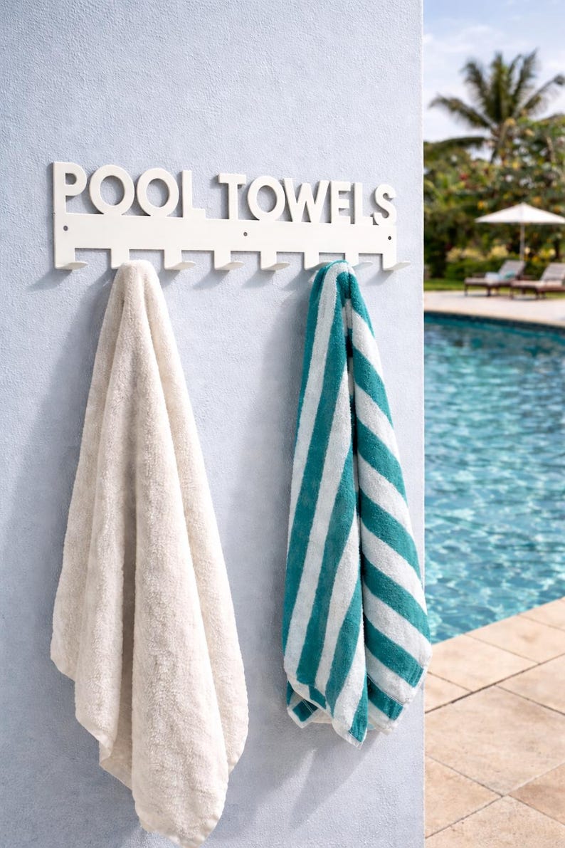 Pool Towels Rack Hanger with Hooks, Powder Coated with Matching Screws | Pool House Decor | Housewarming Gift | Towel Rack | Outdoor Decor imagem 1