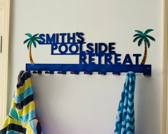 Personalized Palm Tree Towel Rack Hanger with Hooks, Powder Coated with Matching Screws | Pool Towel Rack | Tropical Decor | Beach Theme