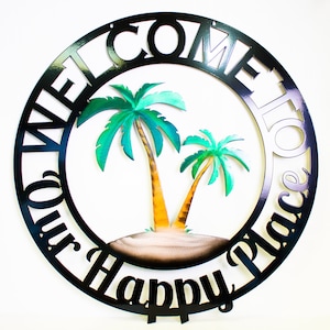 Welcome to our Happy Place Palm Tree Scene Sign | Weatherproof Door Hanger | Wall Art | Pool Sign | Housewarming Gift | Outdoor Patio Décor