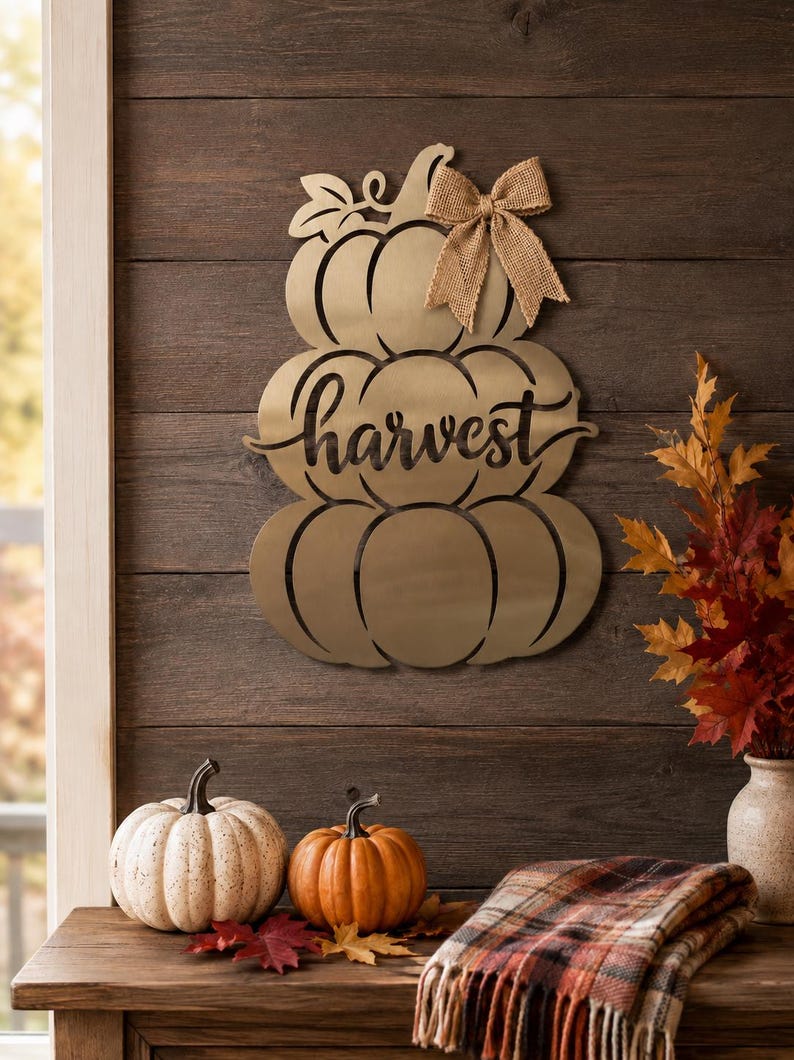 May include: A gold-toned metal wall decoration shaped like a stack of three pumpkins with the word harvest cut out in cursive script. The top pumpkin features a decorative burlap bow attached to the side, and the entire piece has a smooth finish.