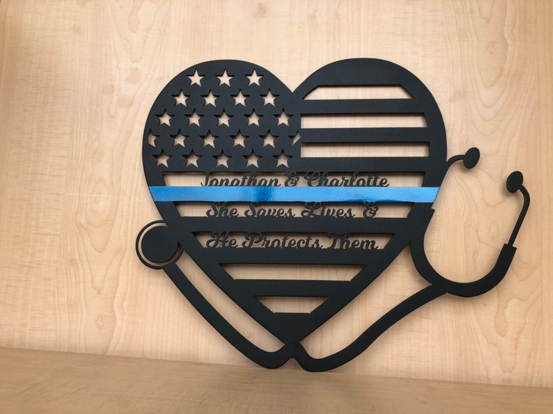 USA Heart with Thin Blue Line and Stethoscope Metal shops Wall Art For Law Enforcement and Health Care Couple