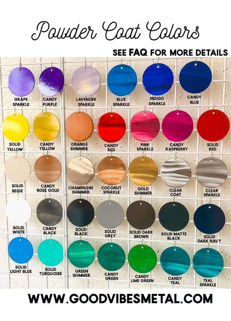 May include: A grid display of circular metal samples featuring various powder coat colors and finishes. Text labels identify each color, including Grape Sparkle, Candy Purple, Lavender Sparkle, Blue Sparkle, Indigo Sparkle, Candy Blue, and others.