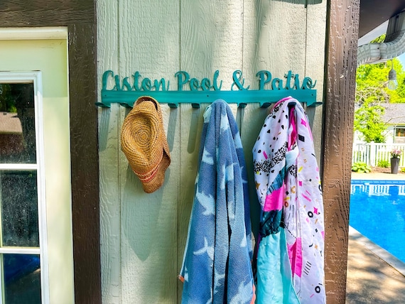 Personalized Towel Rack with Hooks: Powder Coated Steel Pool Decor