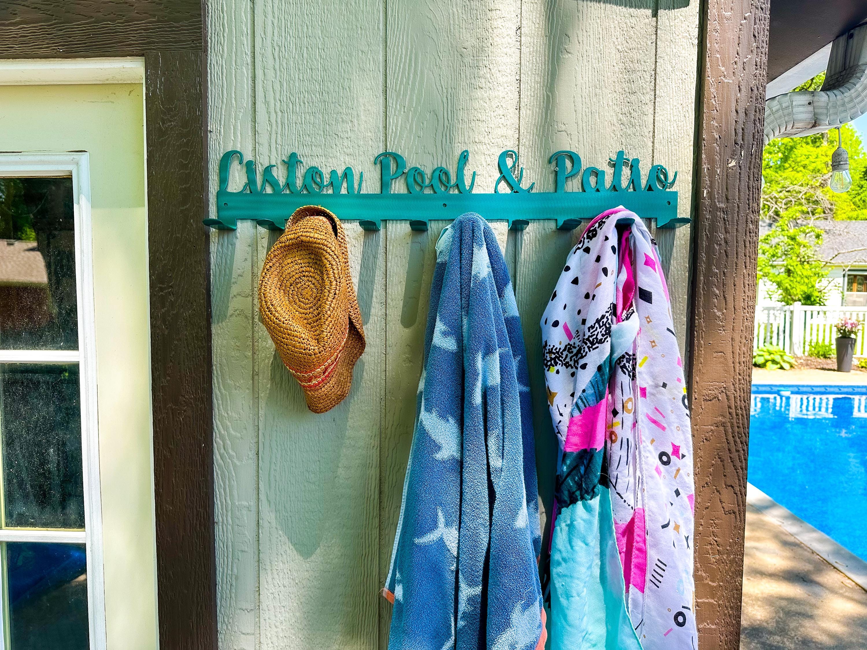 Personalized Towel Rack Hanger with Hooks, Powder Coated with Matching Screws | Pool Deck Decor | Outdoor Pool Decor | Spring Decor