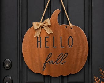Hello Fall Pumpkin Metal Wall Art: Burlap Bow Decor
