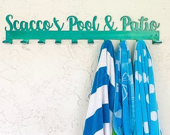 Personalized Towel Rack Hanger with Hooks, Powder Coated with Matching Screws | Pool Deck Decor | Outdoor Pool Decor | Spring Home Decor