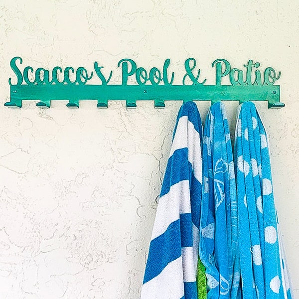 Personalized Towel Rack Hanger with Hooks, Powder Coated with Matching Screws | Pool Deck Decor | Outdoor Pool Decor | Spring Decor