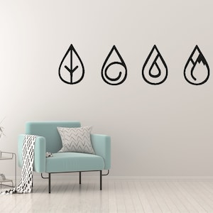 May include: Four black and white icons in the shape of water drops, each with a different symbol inside: a leaf, a swirl, a drop of water, and a mountain. The icons are on a white wall behind a light blue armchair with a white and gray patterned pillow.