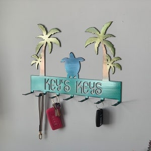 Personalized Tropical Turtle Key Holder with 7 Hooks, Mounting Hardware Included | Powder Coated Metal Key Rack | Home Decor | Palm Trees