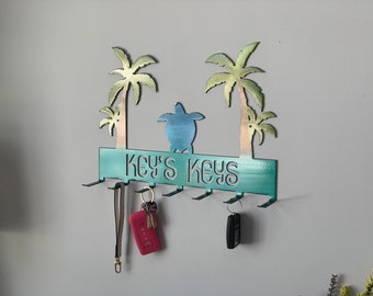 Personalized Tropical Turtle Key Holder with 7 Hooks, Mounting Hardware Included | Powder Coated Metal Key Rack | Home Decor | Palm Trees