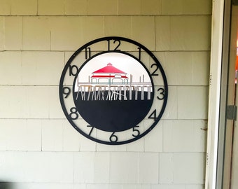 Huntington Beach Pier Metal Clock, Powder Coated | Coastal Decor | Beach House | Pool Decor Indoor Outdoor California