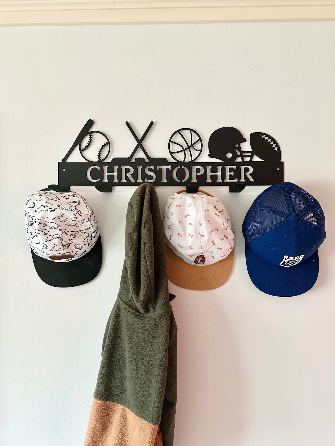 Personalized Sports Hat Rack Hanger With Hooks, Powder Coated With Matching Screws Bedroom Decor