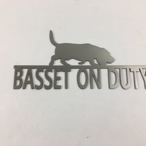 Basset On Duty Metal Sign - Beware of Dog - Guard Dog Wall Fence Sign, Weatherproof