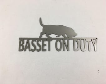 Basset On Duty Metal Sign - Beware of Dog - Guard Dog Wall Fence Sign, Weatherproof