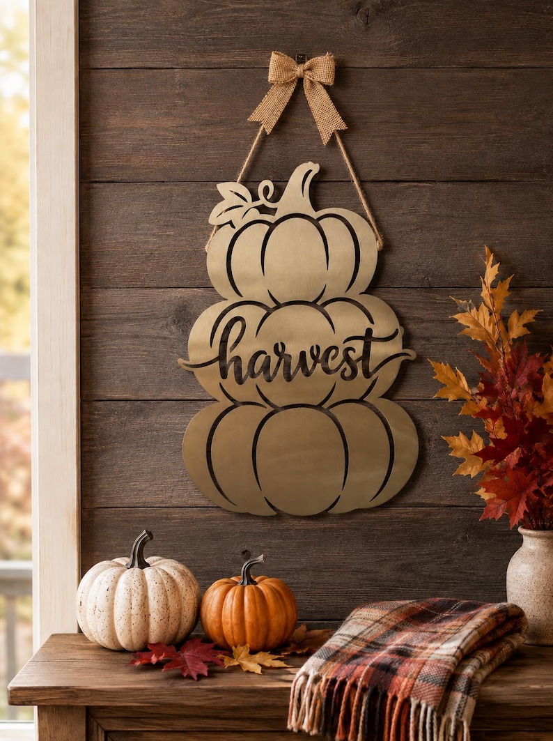 May include: A gold-toned metal wall hanging featuring a stack of three pumpkins with the word harvest written in cursive script across the center. The piece is suspended by a jute rope with a decorative burlap bow at the top for hanging.