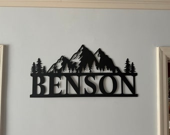 Personalized Mountain Scene Metal Wall Art | Indoor Outdoor Decor | Nature Outdoors | Cabin Decoration | Welcome Sign | Family Name Sign
