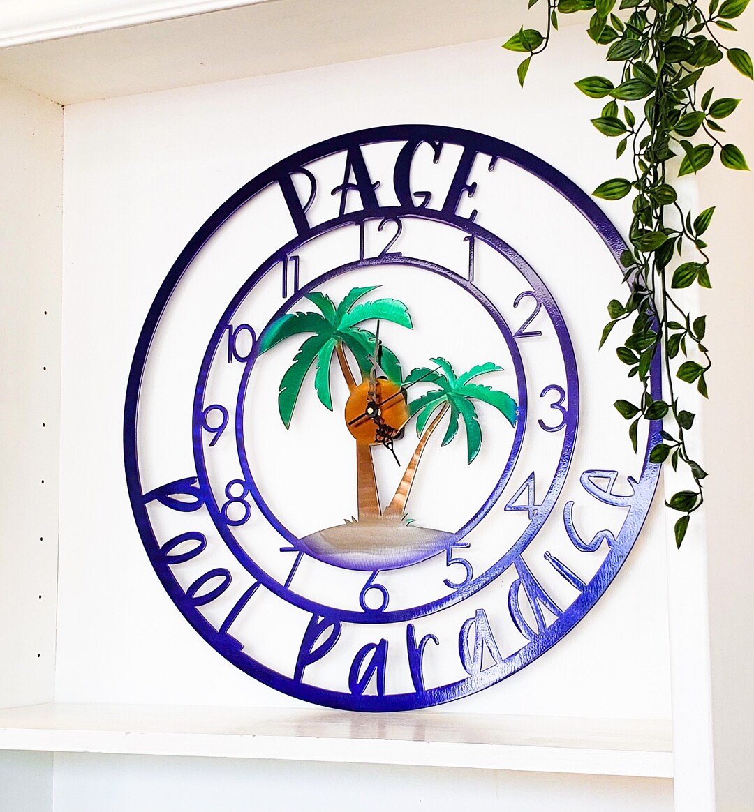 Personalized Palm Tree Clock, Powder Coated Pool House Decor Indoor