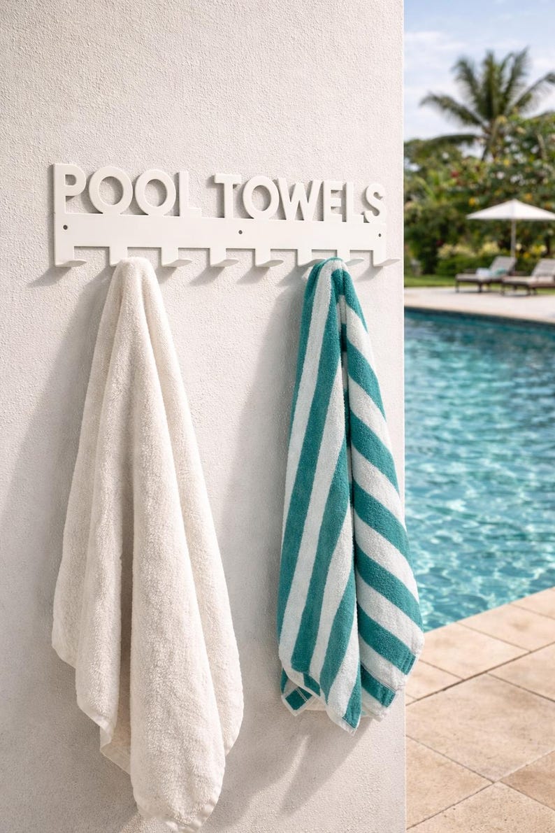 Pool Towels Rack Hanger with Hooks, Powder Coated with Matching Screws | Pool House Decor | Housewarming Gift | Towel Rack | Outdoor Decor imagem 5