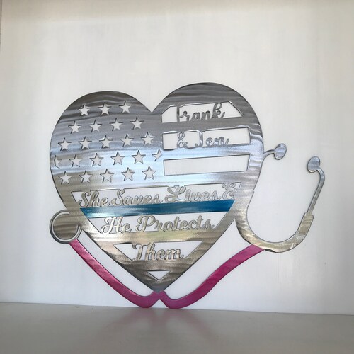 USA Heart with Thin Blue Line and Stethoscope Metal shops Wall Art For Law Enforcement and Health Care Couple