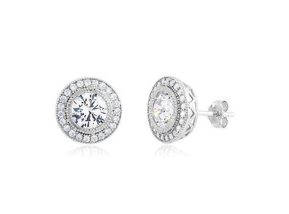 Rhodium Plated Sterling Silver 6.5mm Round CZ Post Earrings. - Etsy