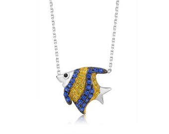 Rhodium plated Sterling Fish w/ color CZ pendant.