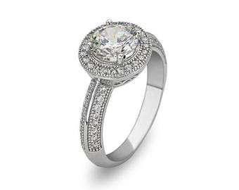 Rhodium plated Sterling Silver Round Ring w/Cz