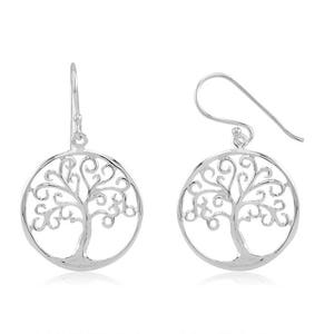 Rhodium plated Sterling Silver Tree of Life hoop Earrings