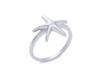 May include: A silver ring featuring a starfish design. The ring has a smooth, polished finish and a five-pointed starfish on top. The ring is a size 7 and is made in China.