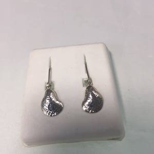 May include: A pair of silver-colored dangle earrings. Each earring features a textured, teardrop-shaped pendant suspended from a thin hook. The earrings are displayed on a white surface.
