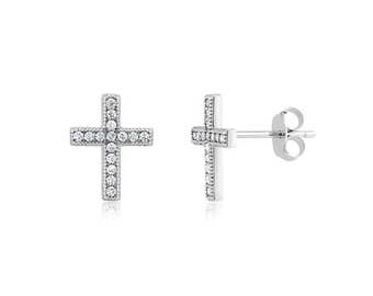 Rhodium plated Sterling Silver and Cubic Zirconia Cross Post Earrings