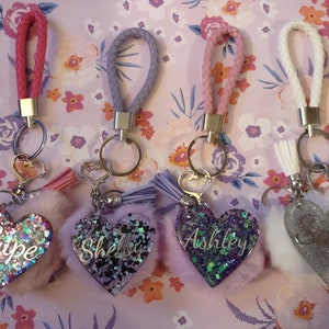 Personalized heart pom pom keychain