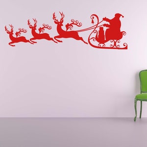 Santa Sleigh Wall Decal, Christmas Reindeer Decor, Santa and Flying Reindeer Art, Holiday Silhouette Sticker, Christmas Wall Decoration