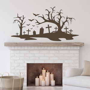 Graveyard Wall Decal, Spooky Cemetery Scene, Halloween Bats and Tree Sticker, Haunted House Decor, Gothic Room Accent, Tombstone Wall Art