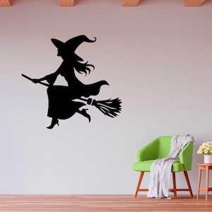 Witch Wall Art, Witchy Decor, Witch on Broomstick, Flying Witch Decal, Halloween Wall Decal, Spooky Wall Decor, Witch with Broom, Pretty Art