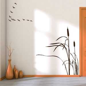 Cattail Wall Decal, Marsh Grass, Flying Birds, Wetland Art, Rustic Cabin, Pond Reeds, Birds in a V Formation, Cattails Decor