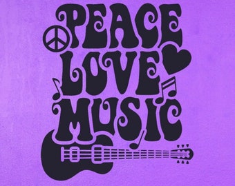 Peace Wall Decal, Love Heart Decor, Guitar Design, Flower Power, Hippie Door Sign, Vinyl Sticker, Music Party Gift, Home Art, Wall Decor