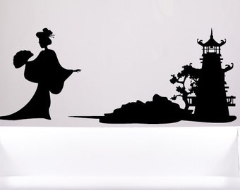 Japanese Geisha Wall Decor, Pagoda Art, Tea Ceremony Decal, Japan Decoration, Vinyl Sticker Gifts, Japanese Artwork, Home Design, Bedroom
