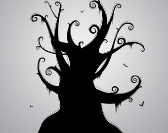 Tree Wall Decal, Spooky Branches Decor, Gothic Branch Art, Creepy Silhouette, Haunted House Design, Flock of Bats