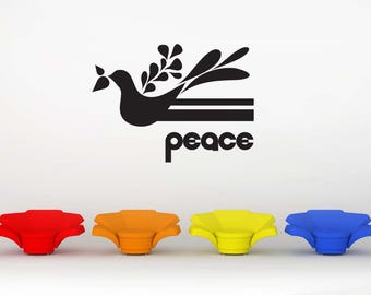 Peace Sign Wall Decal, Olive Branch Decor, Hippie Design, Dove of Peace Art