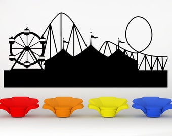 Amusement Park Skyline Decal, Carnival Decor, Circus Tent Art, Ferris Wheel Decor, Roller Coaster, Fairgrounds Artwork