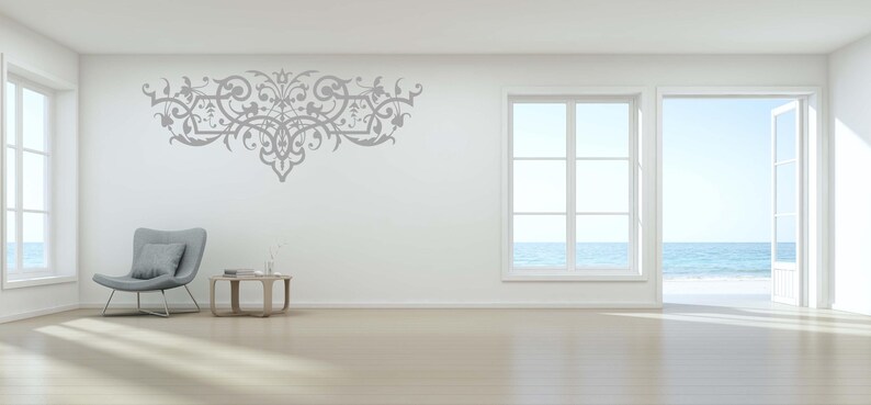 Cottagecore influenced wall art highlighting ornate scrollwork details that balance bucolic charm, refined beauty, and gentle vintage inspired expression. Renter, window decal stickers.