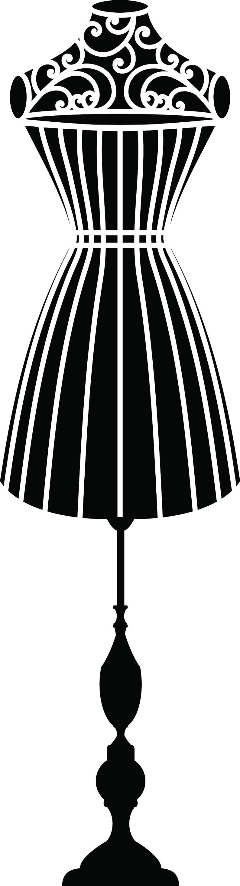 Sewing room art decal shaped like a vintage mannequin with baroque swirls, ideal for designers or boutique-style spaces.