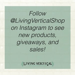May include: A green rectangle with white text that says "Follow @LivingVerticalShop on Instagram to see new products, giveaways, and sales!"  Below the text is a logo that says "LIVING VERTICAL Hand Lettered Goods & Services".