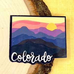 Colorado Sunset, WATERPROOF Sticker, Hand Lettered Shape of Colorado, Water Bottle Sticker, Laptop Sticker, Colorado Gift, Mountain Sticker