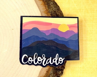 Colorado Sunset, WATERPROOF Sticker, Hand Lettered Shape of Colorado, Water Bottle Sticker, Laptop Sticker, Colorado Gift, Mountain Sticker